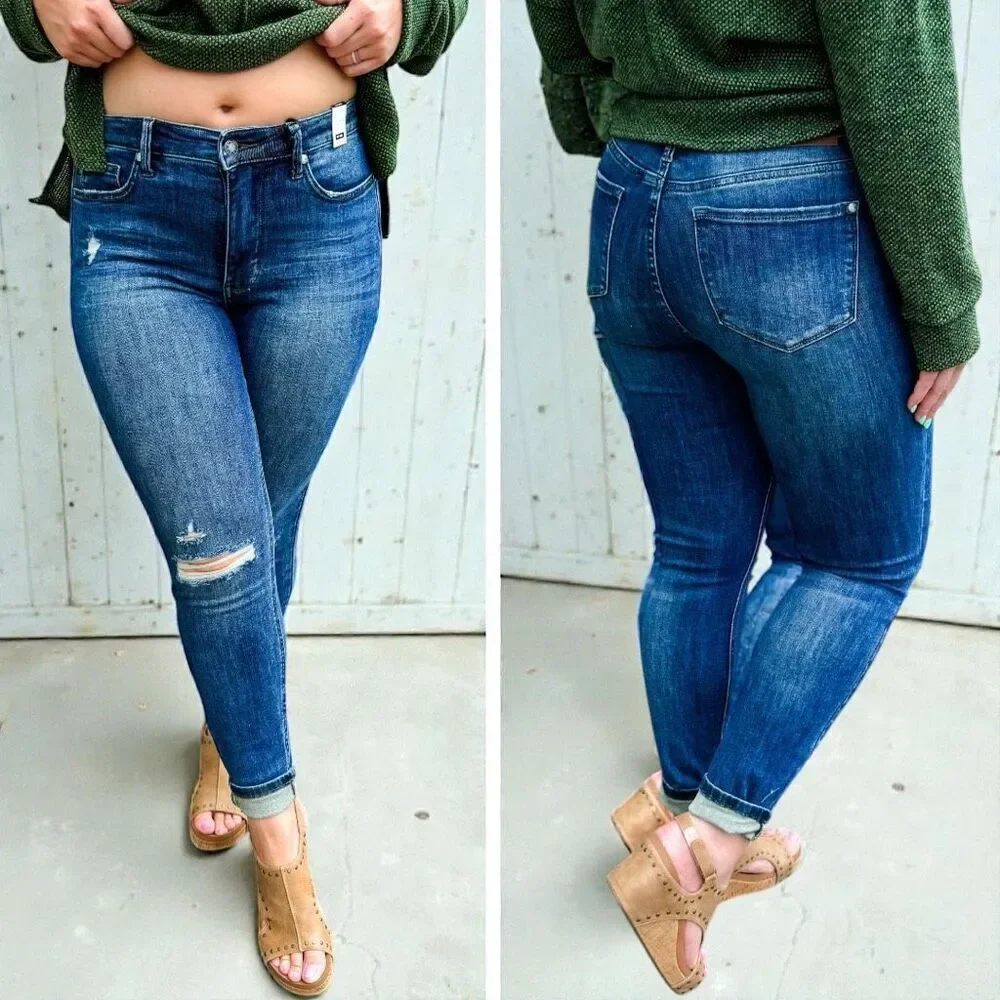 Judy Blue Mid Rise Distressed Slim Stretch Skinny Jeans Dark Wash – NWT